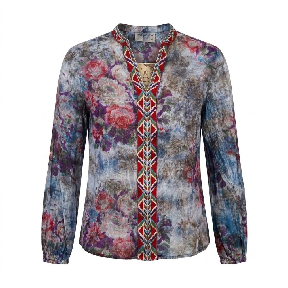 NEW Vintage Goa Blue Floral Cotton Embroidered Boho Shirt Medium - CJ